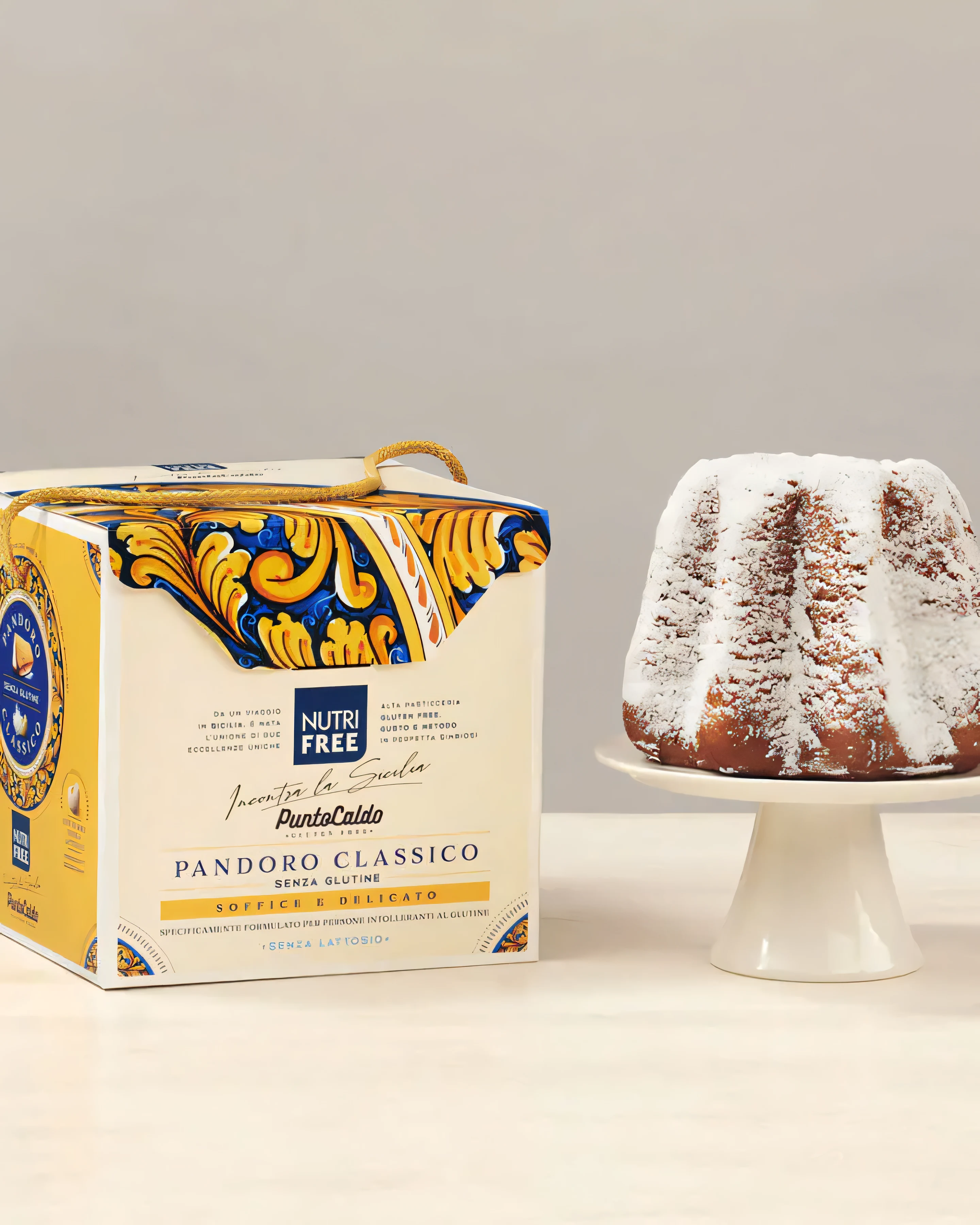 Panettone Extra Cacao senza glutine NutriFree, servito con caffè e una candela